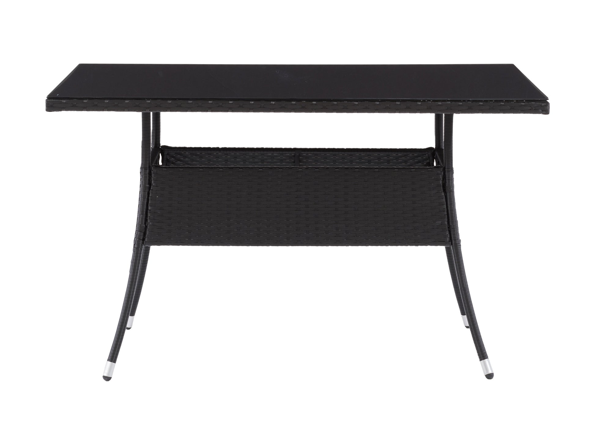 Gray wicker patio dining set with six cushioned chairs, rectangular glass-top table, and weather-resistant materials, perfect for outdoor dining and entertaining.
