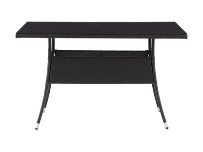 Gray wicker patio dining set with six cushioned chairs, rectangular glass-top table, and weather-resistant materials, perfect for outdoor dining and entertaining.