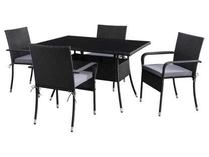 Modern 5-piece patio dining set with a rectangular glass table and four cushioned chairs in beige and brown wicker, featuring weather-resistant materials and a sleek design perfect for outdoor spaces.