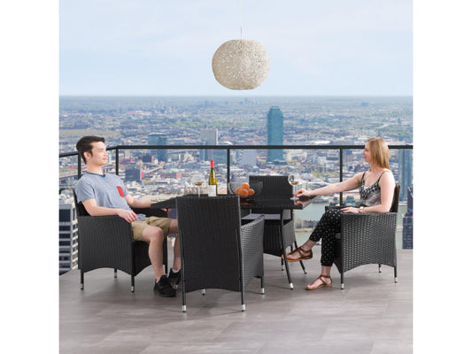 Modern 5-piece patio dining set with a rectangular glass table and four cushioned chairs in beige and brown wicker, featuring weather-resistant materials and a sleek design perfect for outdoor spaces.