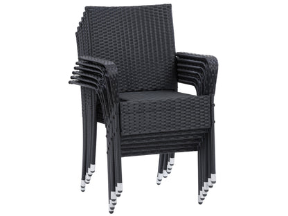 Gray wicker patio dining set with six cushioned chairs, rectangular glass-top table, and weather-resistant materials, perfect for outdoor dining and entertaining.