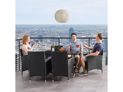Gray wicker patio dining set with six cushioned chairs, rectangular glass-top table, and weather-resistant materials, perfect for outdoor dining and entertaining.