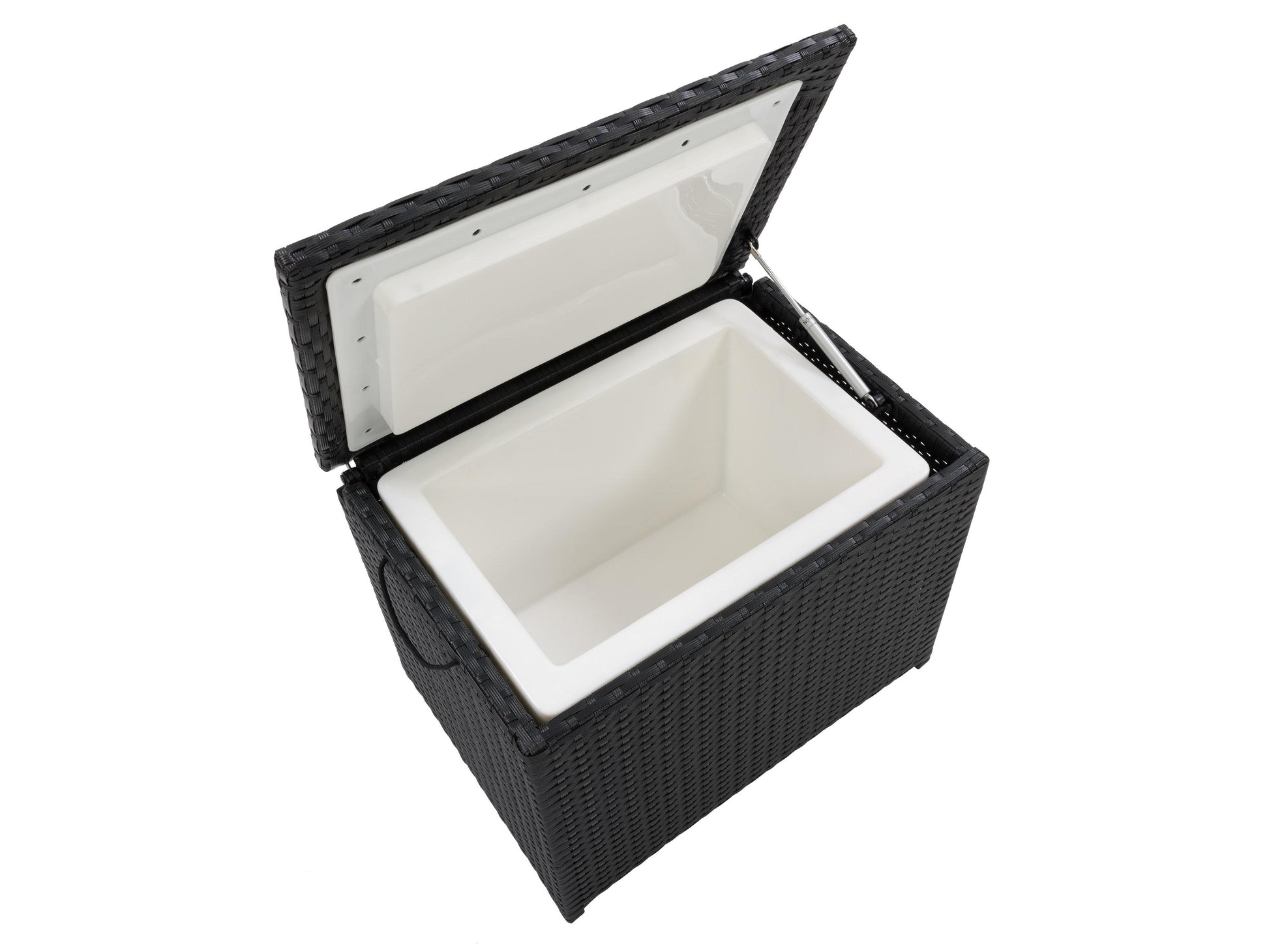 Dark brown wicker outdoor cooler table with a smooth top surface, built-in cooler compartment, and sturdy legs. Ideal for patio storage and entertaining, blending functionality with stylish outdoor furniture design.
