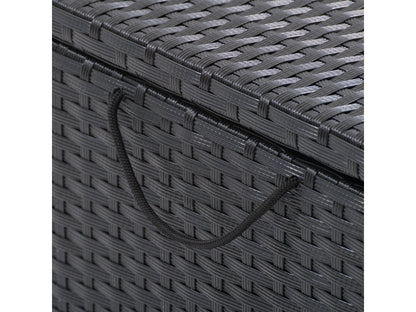 Outdoor cooler table with a sleek black finish, featuring a textured surface and built-in ice compartment, perfect for patio storage and entertaining.