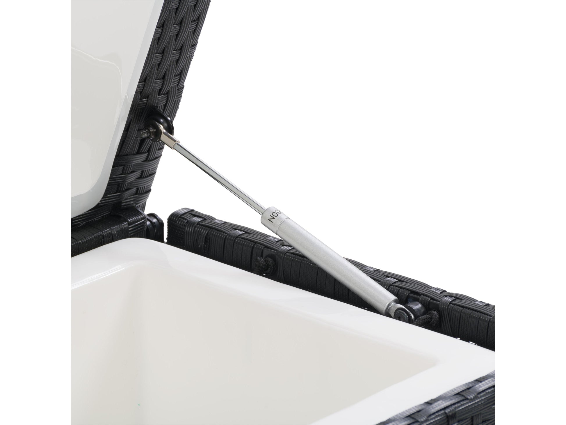 Weather-resistant outdoor cooler table with a sleek black rattan finish, featuring a lift-top design for easy access to drinks and a spacious interior for patio storage.
