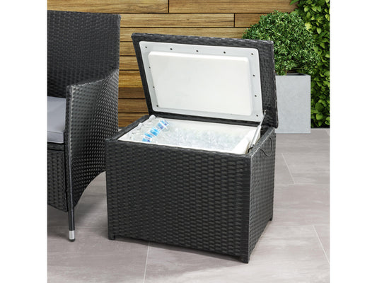 Gray outdoor cooler table with wicker texture, featuring a lift-top design for easy access to drinks and snacks, and a sleek, modern look perfect for patio storage and entertaining.