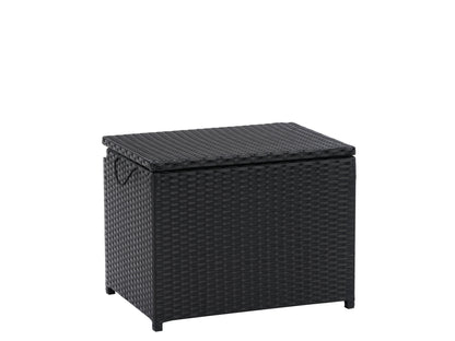 Outdoor patio cooler table with brown wicker texture, white tabletop, built-in cooler compartment, and adjustable height feature. Ideal for outdoor gatherings, drinks storage, and patio decor.