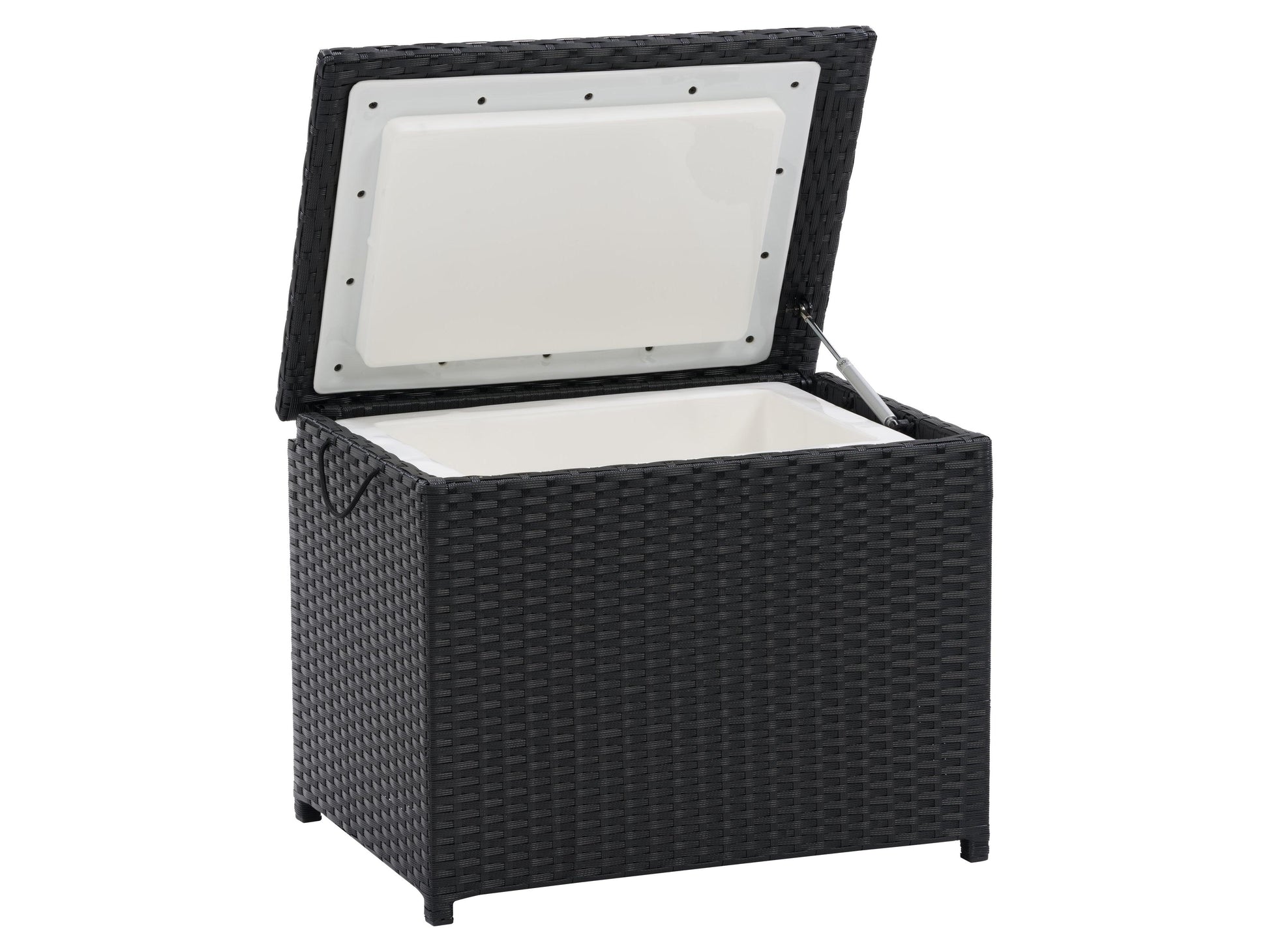 Outdoor cooler table with natural wood finish, black metal frame, and slatted design. Features spacious storage for patio essentials, weather-resistant materials, and a sleek, modern aesthetic.