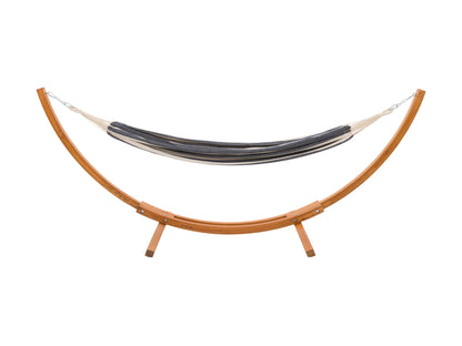 Navy blue and white striped patio hammock with wooden stand, featuring durable cotton fabric and sturdy, weather-resistant wood frame, perfect for outdoor relaxation and garden lounging.
