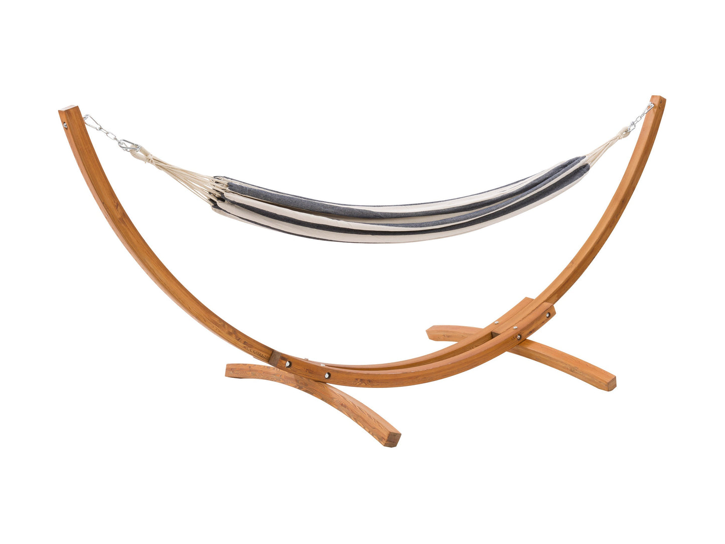 Navy blue and white striped patio hammock with wooden stand, featuring durable cotton fabric and sturdy, weather-resistant wood frame, perfect for outdoor relaxation and garden lounging.