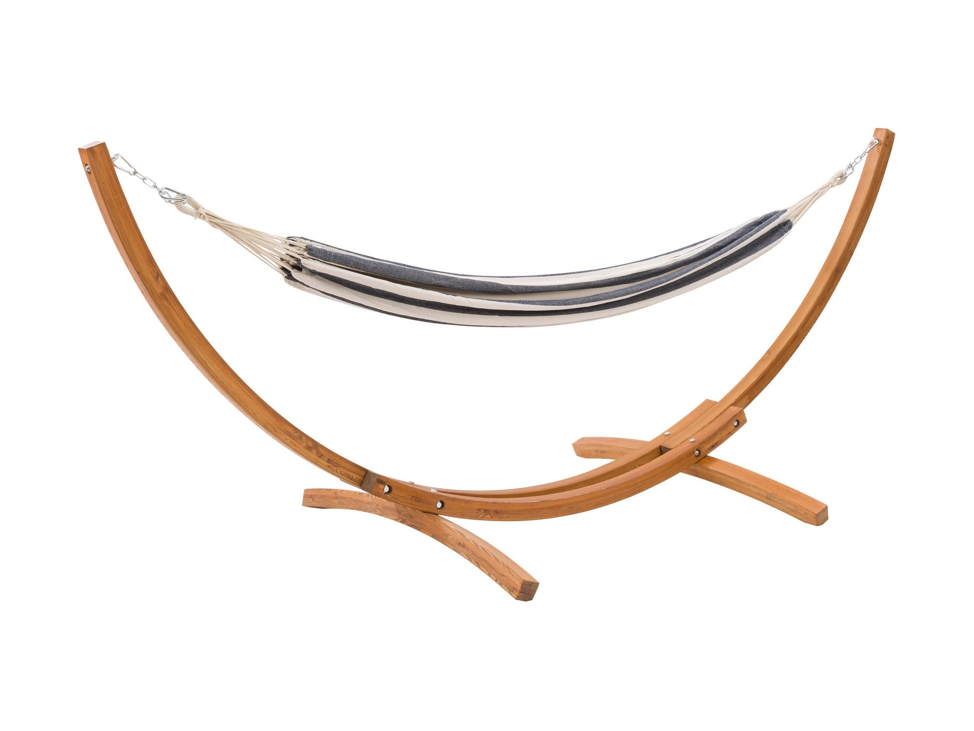 Navy blue and white striped patio hammock with wooden stand, featuring durable cotton fabric and sturdy, weather-resistant wood frame, perfect for outdoor relaxation and garden lounging.