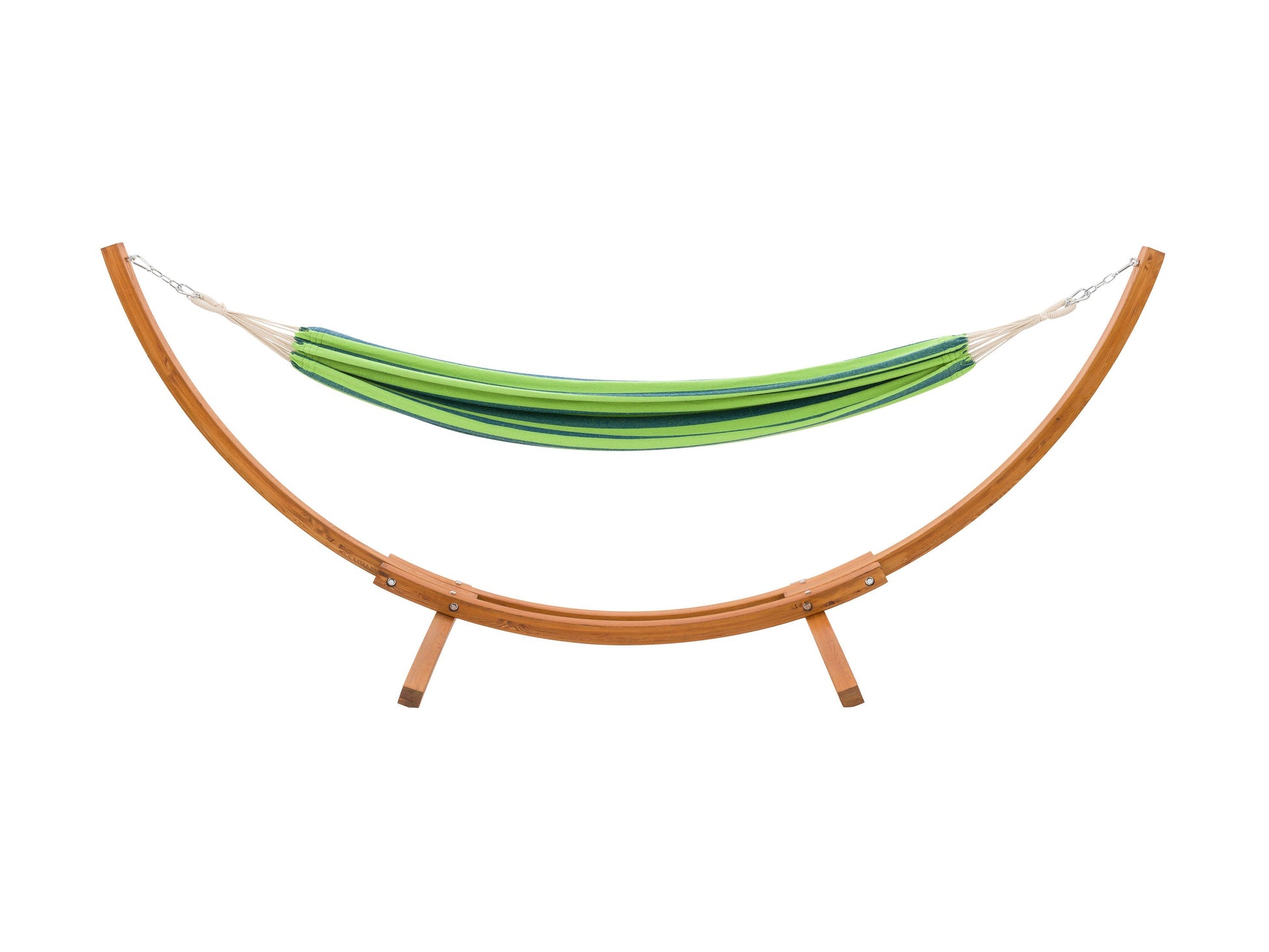Blue and green striped patio hammock with a sturdy wooden stand, featuring durable fabric and a comfortable design perfect for outdoor relaxation.