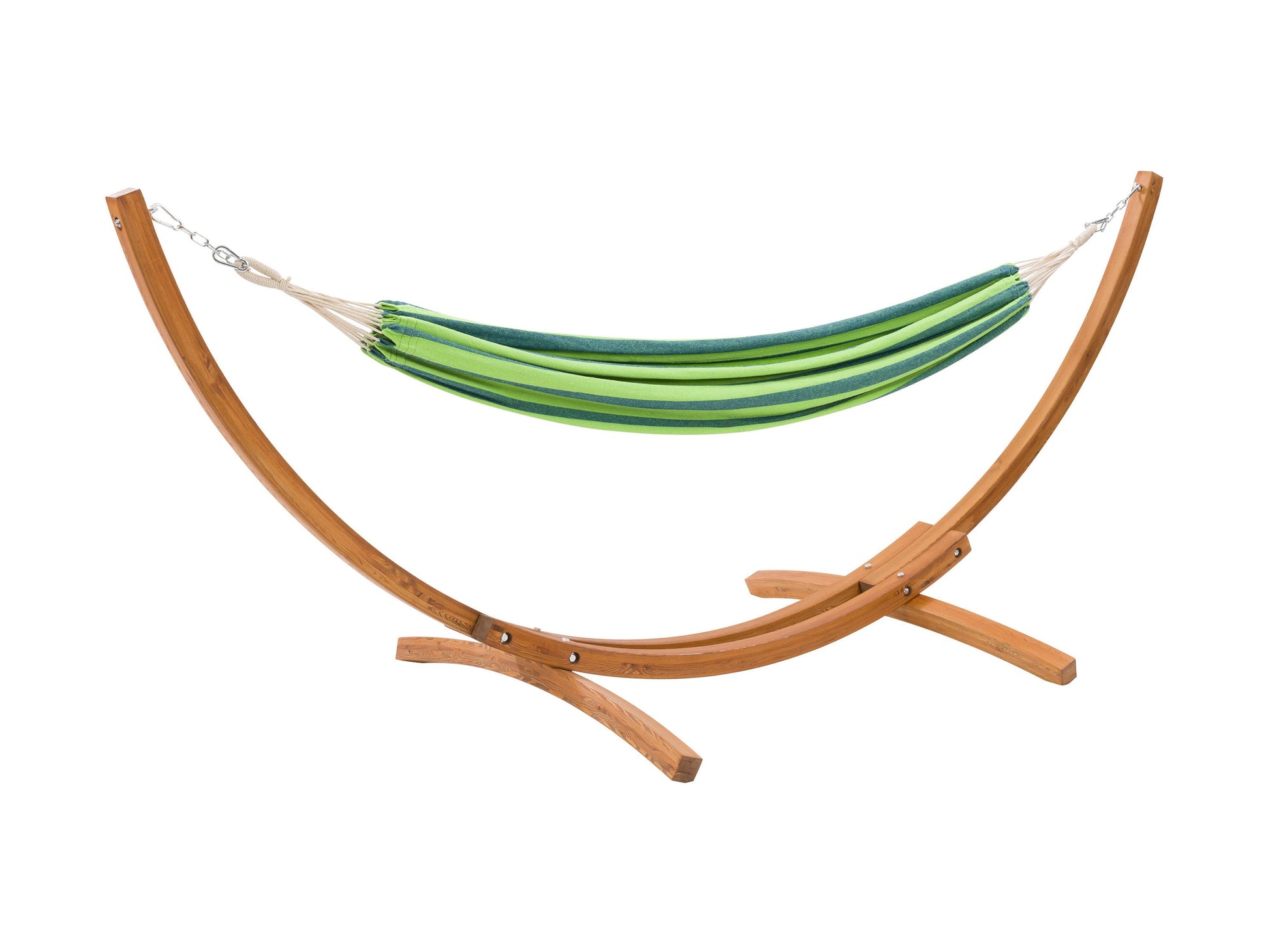 Blue and green striped patio hammock with a sturdy wooden stand, featuring durable fabric and a comfortable design perfect for outdoor relaxation.