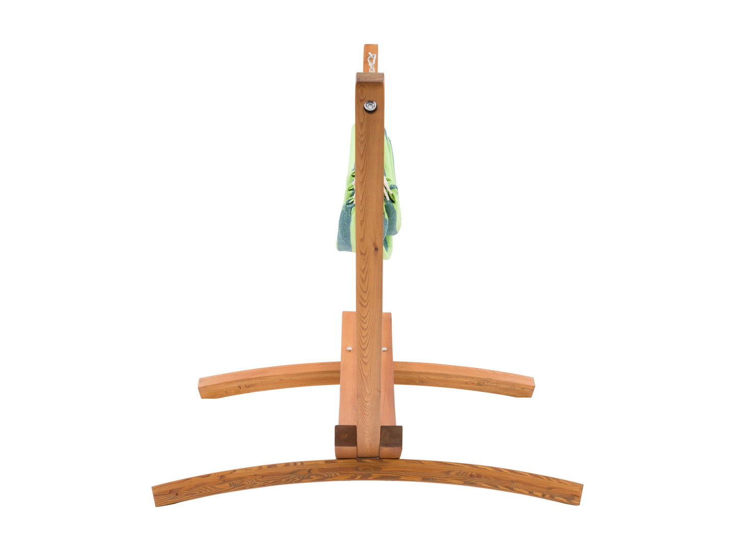 Blue and green striped patio hammock with a sturdy wooden stand, featuring durable fabric and a comfortable design perfect for outdoor relaxation.