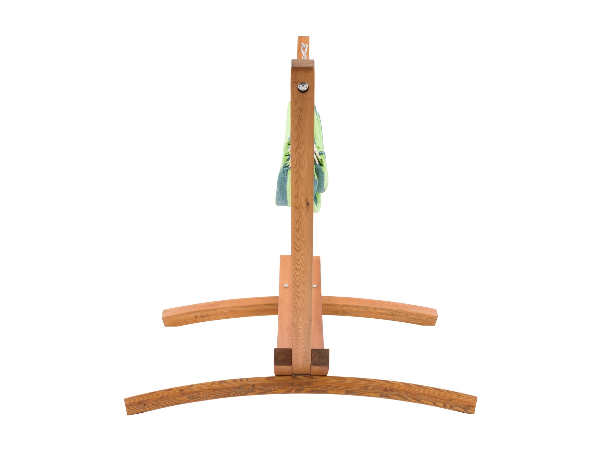 Blue and green striped patio hammock with a sturdy wooden stand, featuring durable fabric and a comfortable design perfect for outdoor relaxation.