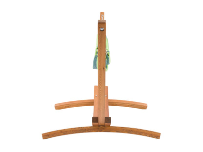 Blue and green striped patio hammock with a sturdy wooden stand, featuring durable fabric and a comfortable design perfect for outdoor relaxation.