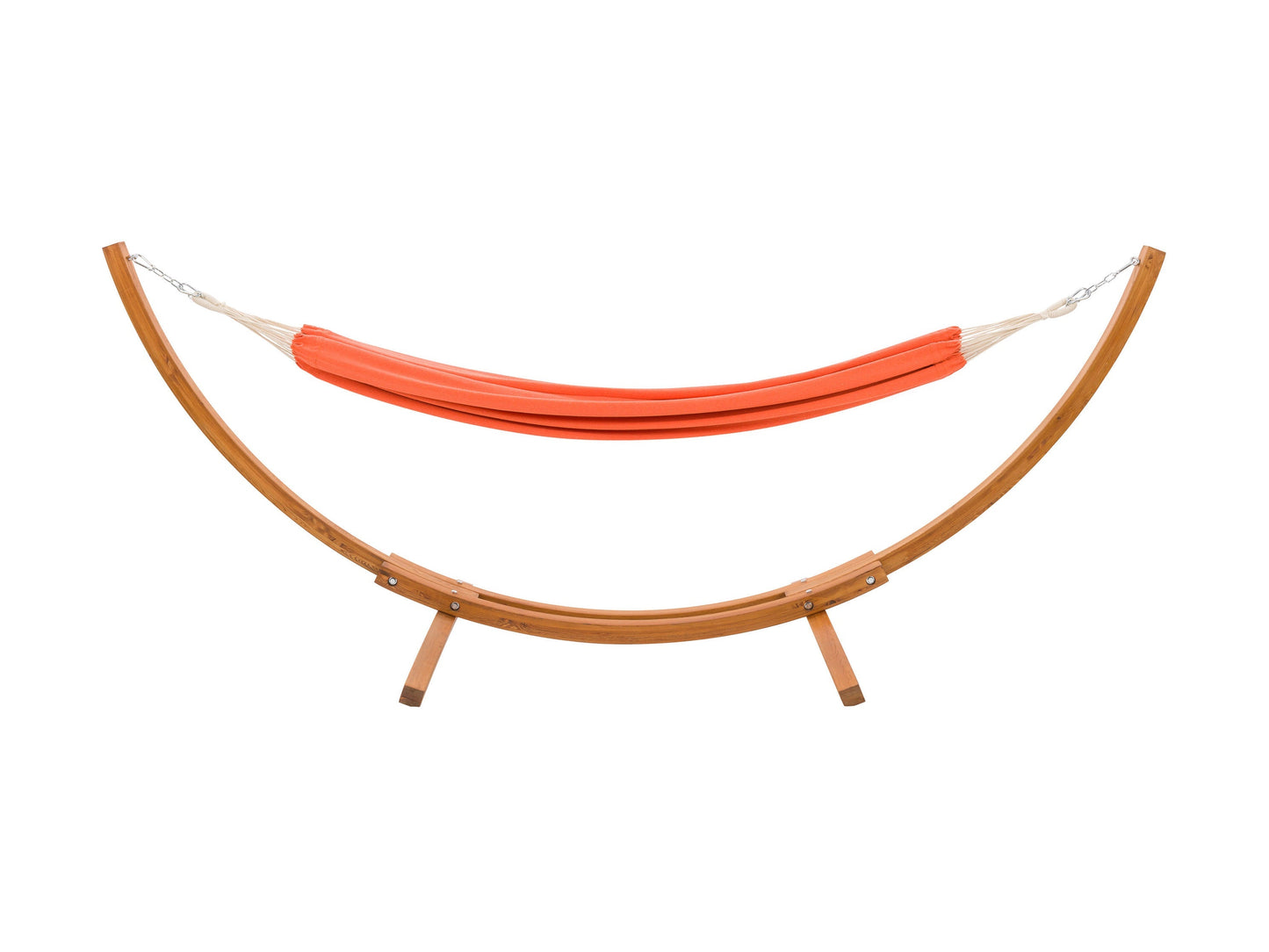 Orange patio hammock with sturdy wooden stand, featuring a woven fabric texture and curved wood frame, perfect for outdoor relaxation.