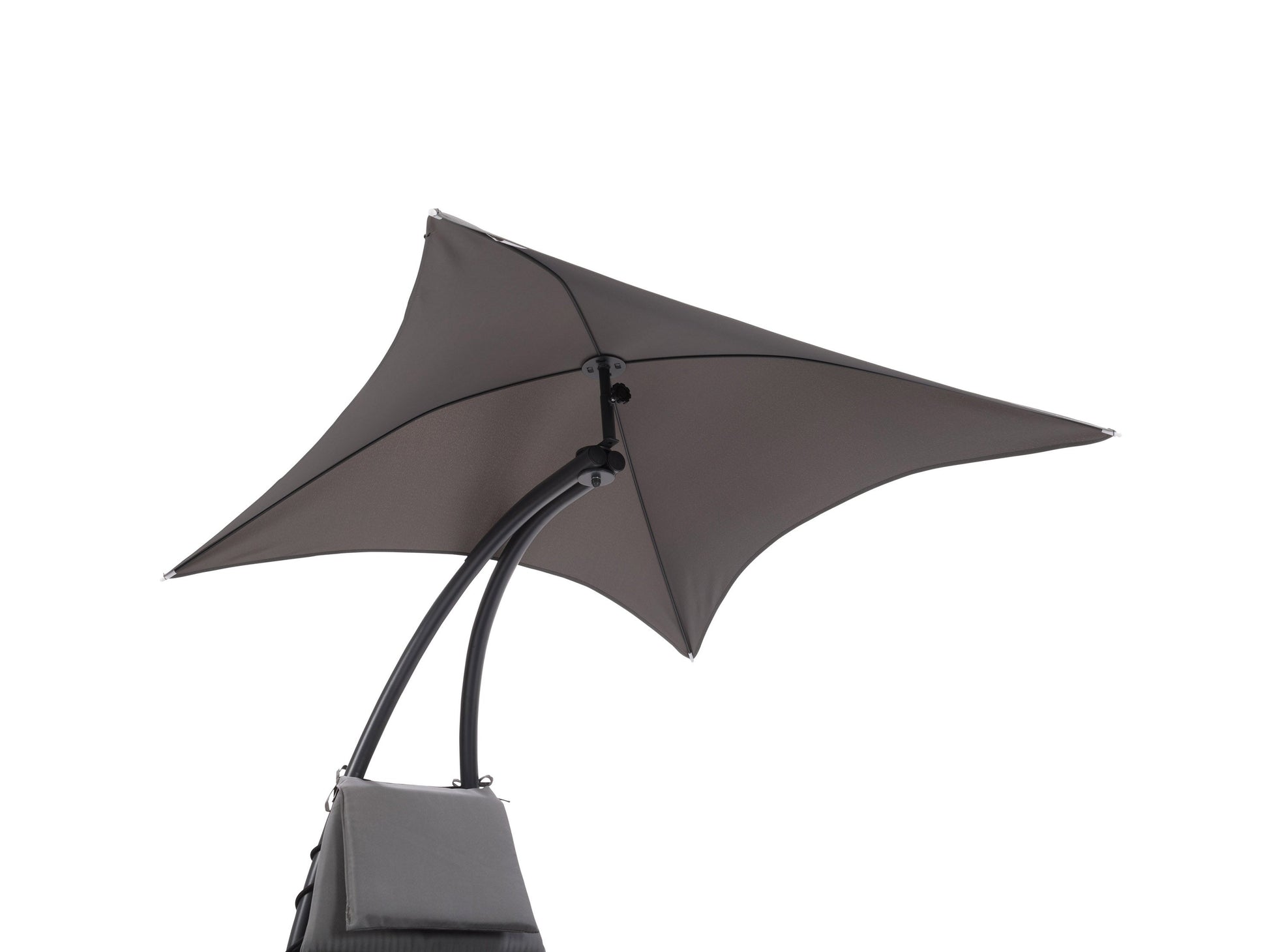 Grey patio lounge chair with canopy, featuring a sleek metal frame, comfortable cushioned seat, and adjustable reclining positions. Ideal for outdoor relaxation, UV-resistant fabric ensures durability and longevity.