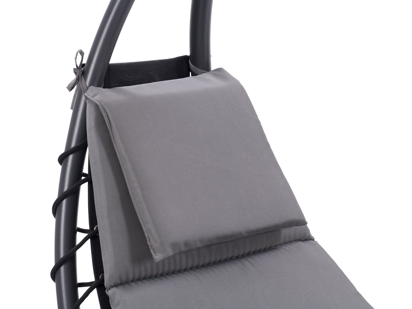 Grey patio lounge chair with canopy, featuring a sleek metal frame, comfortable cushioned seat, and adjustable reclining positions. Ideal for outdoor relaxation, UV-resistant fabric ensures durability and longevity.