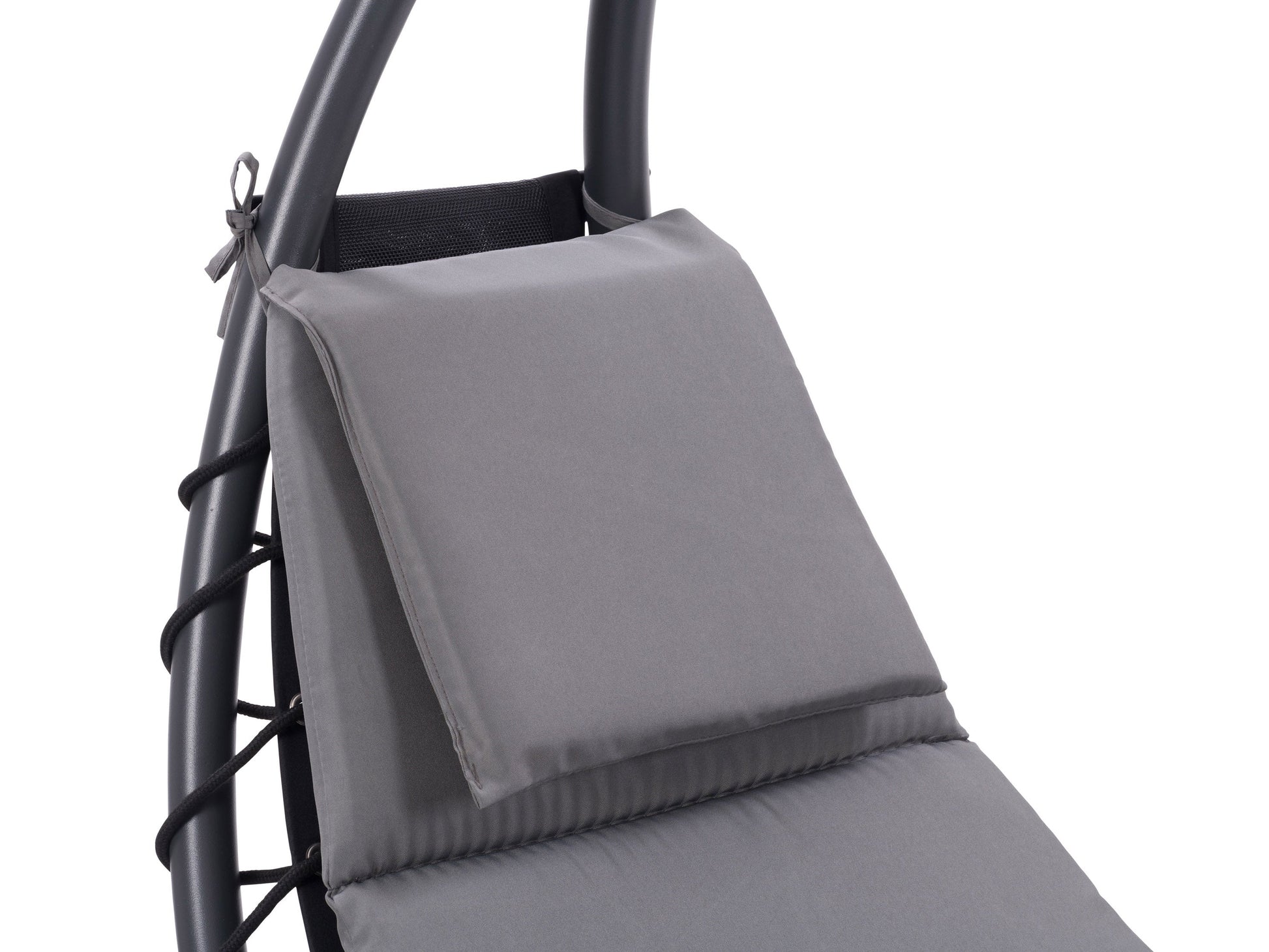 Grey patio lounge chair with canopy, featuring a sleek metal frame, comfortable cushioned seat, and adjustable reclining positions. Ideal for outdoor relaxation, UV-resistant fabric ensures durability and longevity.