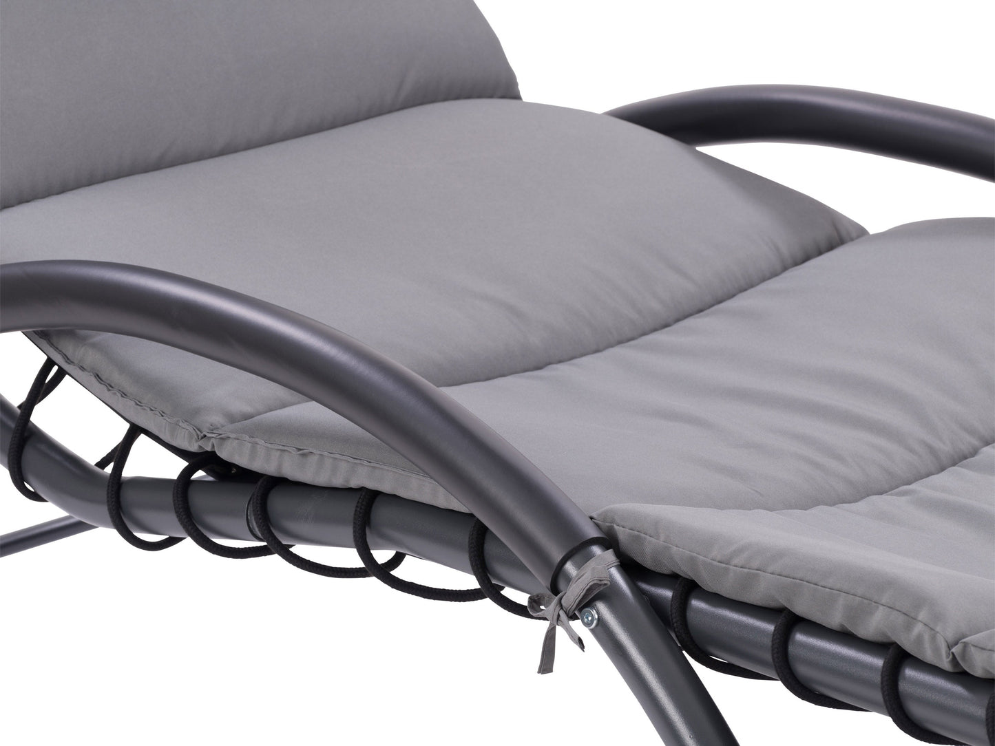 Grey patio lounge chair with canopy, featuring a sleek metal frame, comfortable cushioned seat, and adjustable reclining positions. Ideal for outdoor relaxation, UV-resistant fabric ensures durability and longevity.