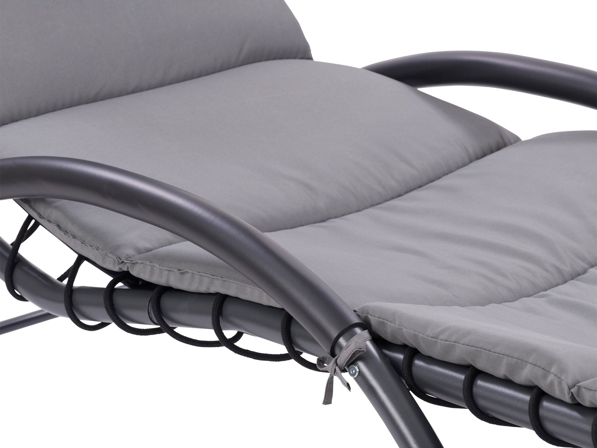 Grey patio lounge chair with canopy, featuring a sleek metal frame, comfortable cushioned seat, and adjustable reclining positions. Ideal for outdoor relaxation, UV-resistant fabric ensures durability and longevity.