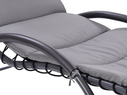 Grey patio lounge chair with canopy, featuring a sleek metal frame, comfortable cushioned seat, and adjustable reclining positions. Ideal for outdoor relaxation, UV-resistant fabric ensures durability and longevity.