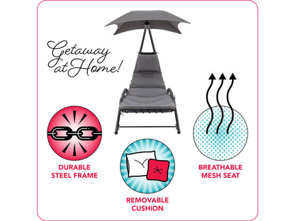 Grey patio lounge chair with canopy, featuring a sleek metal frame, comfortable cushioned seat, and adjustable reclining positions. Ideal for outdoor relaxation, UV-resistant fabric ensures durability and longevity.