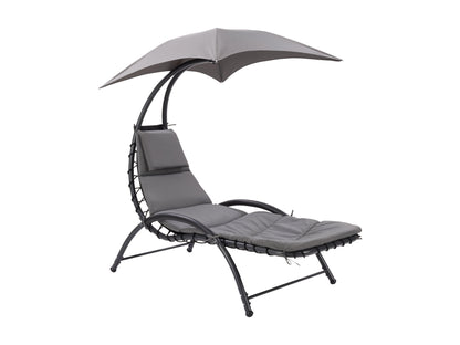 Grey patio lounge chair with canopy, featuring a sleek metal frame, comfortable cushioned seat, and adjustable reclining positions. Ideal for outdoor relaxation, UV-resistant fabric ensures durability and longevity.