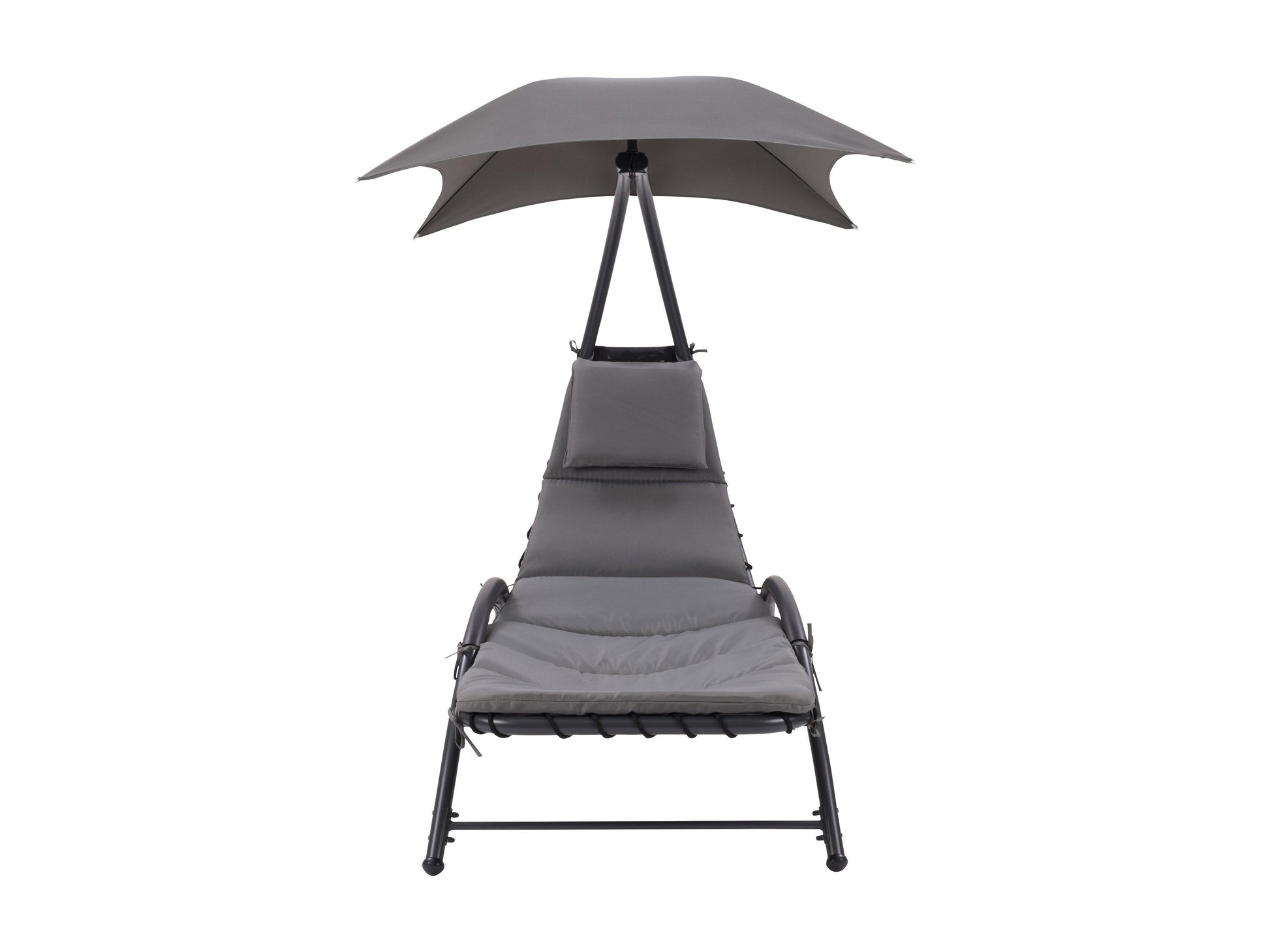 Grey patio lounge chair with canopy, featuring a sleek metal frame, comfortable cushioned seat, and adjustable reclining positions. Ideal for outdoor relaxation, UV-resistant fabric ensures durability and longevity.