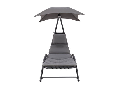 Grey patio lounge chair with canopy, featuring a sleek metal frame, comfortable cushioned seat, and adjustable reclining positions. Ideal for outdoor relaxation, UV-resistant fabric ensures durability and longevity.