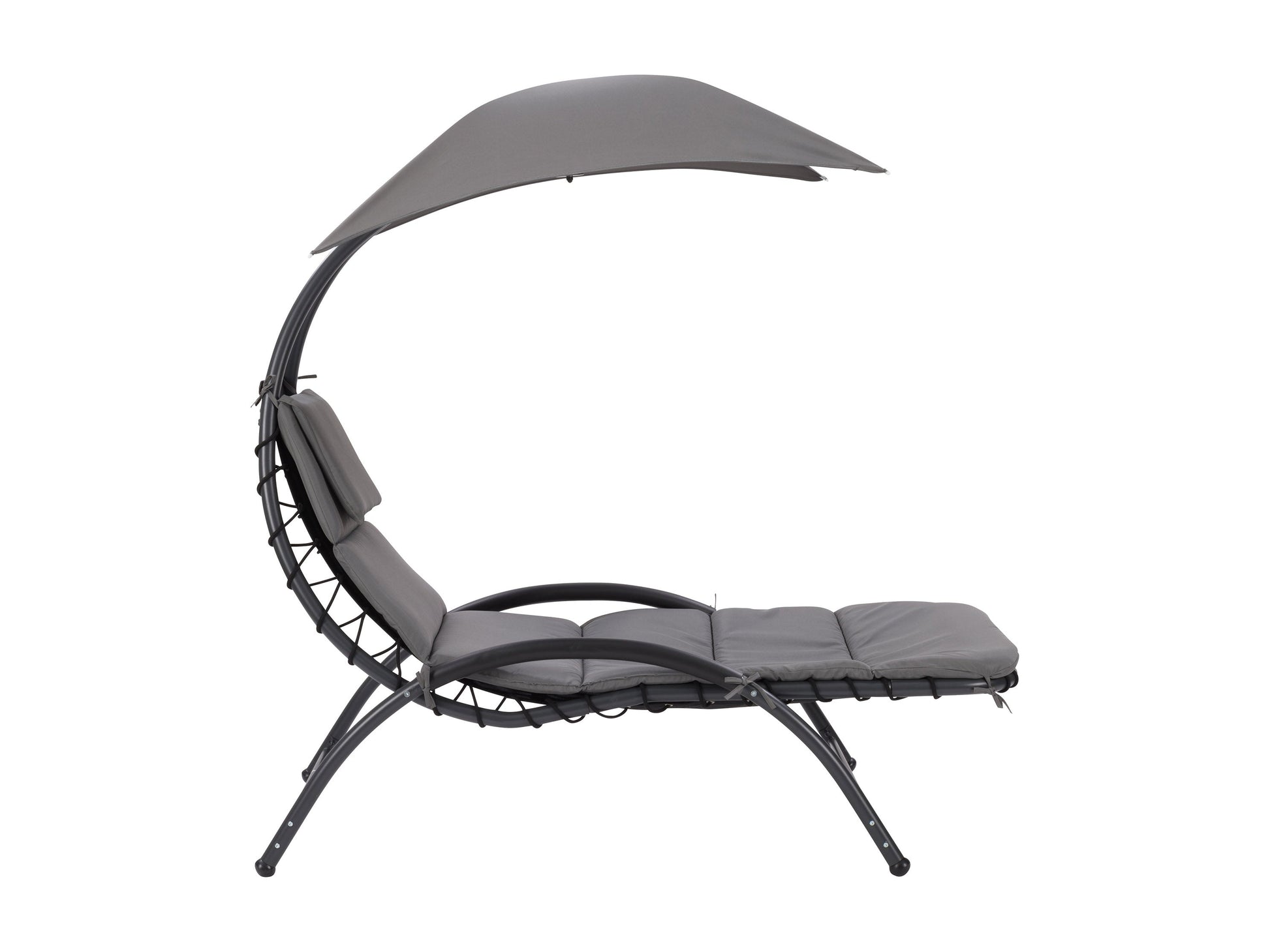 Grey patio lounge chair with canopy, featuring a sleek metal frame, comfortable cushioned seat, and adjustable reclining positions. Ideal for outdoor relaxation, UV-resistant fabric ensures durability and longevity.