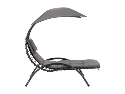 Grey patio lounge chair with canopy, featuring a sleek metal frame, comfortable cushioned seat, and adjustable reclining positions. Ideal for outdoor relaxation, UV-resistant fabric ensures durability and longevity.