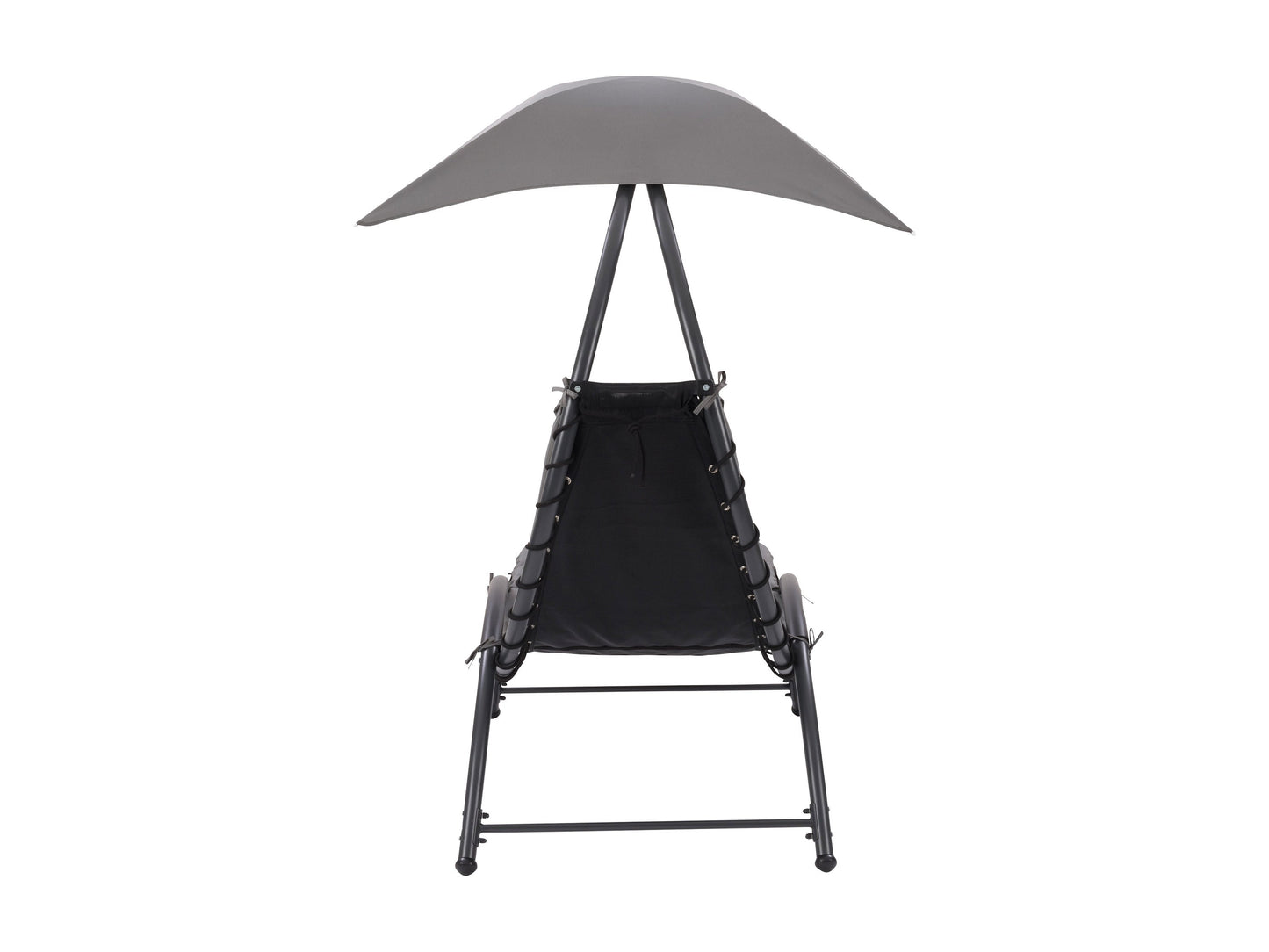 Grey patio lounge chair with canopy, featuring a sleek metal frame, comfortable cushioned seat, and adjustable reclining positions. Ideal for outdoor relaxation, UV-resistant fabric ensures durability and longevity.