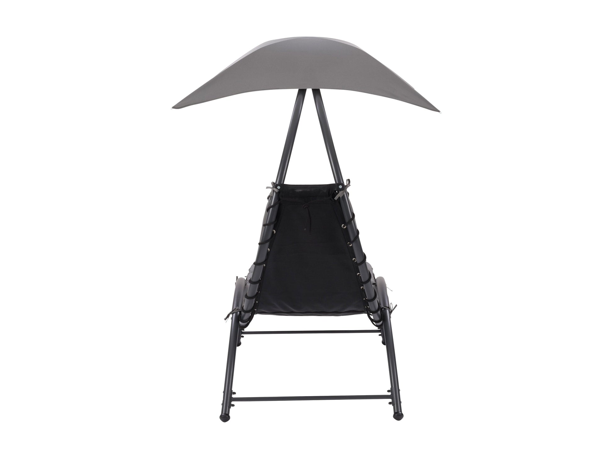 Grey patio lounge chair with canopy, featuring a sleek metal frame, comfortable cushioned seat, and adjustable reclining positions. Ideal for outdoor relaxation, UV-resistant fabric ensures durability and longevity.