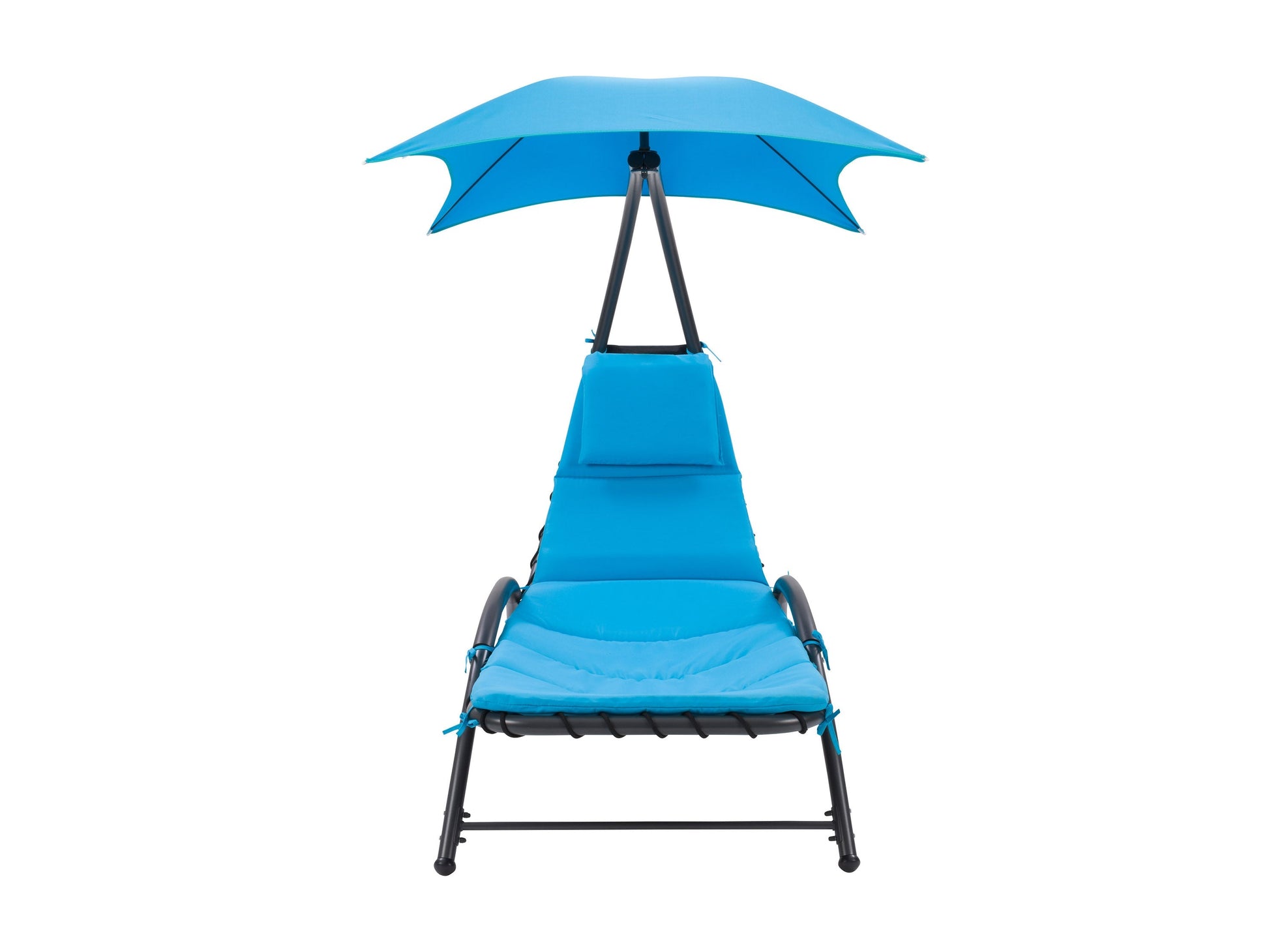 Blue patio lounge chair with adjustable canopy, featuring a sturdy metal frame, weather-resistant fabric, and comfortable cushioning. Ideal for outdoor relaxation and sun protection.