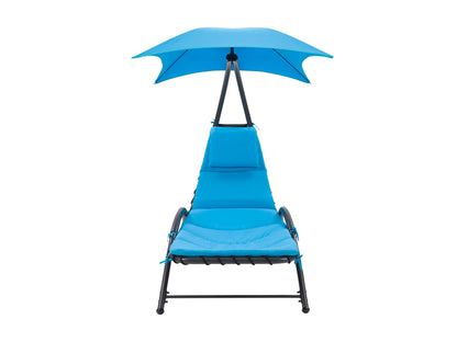 Blue patio lounge chair with adjustable canopy, featuring a sturdy metal frame, weather-resistant fabric, and comfortable cushioning. Ideal for outdoor relaxation and sun protection.