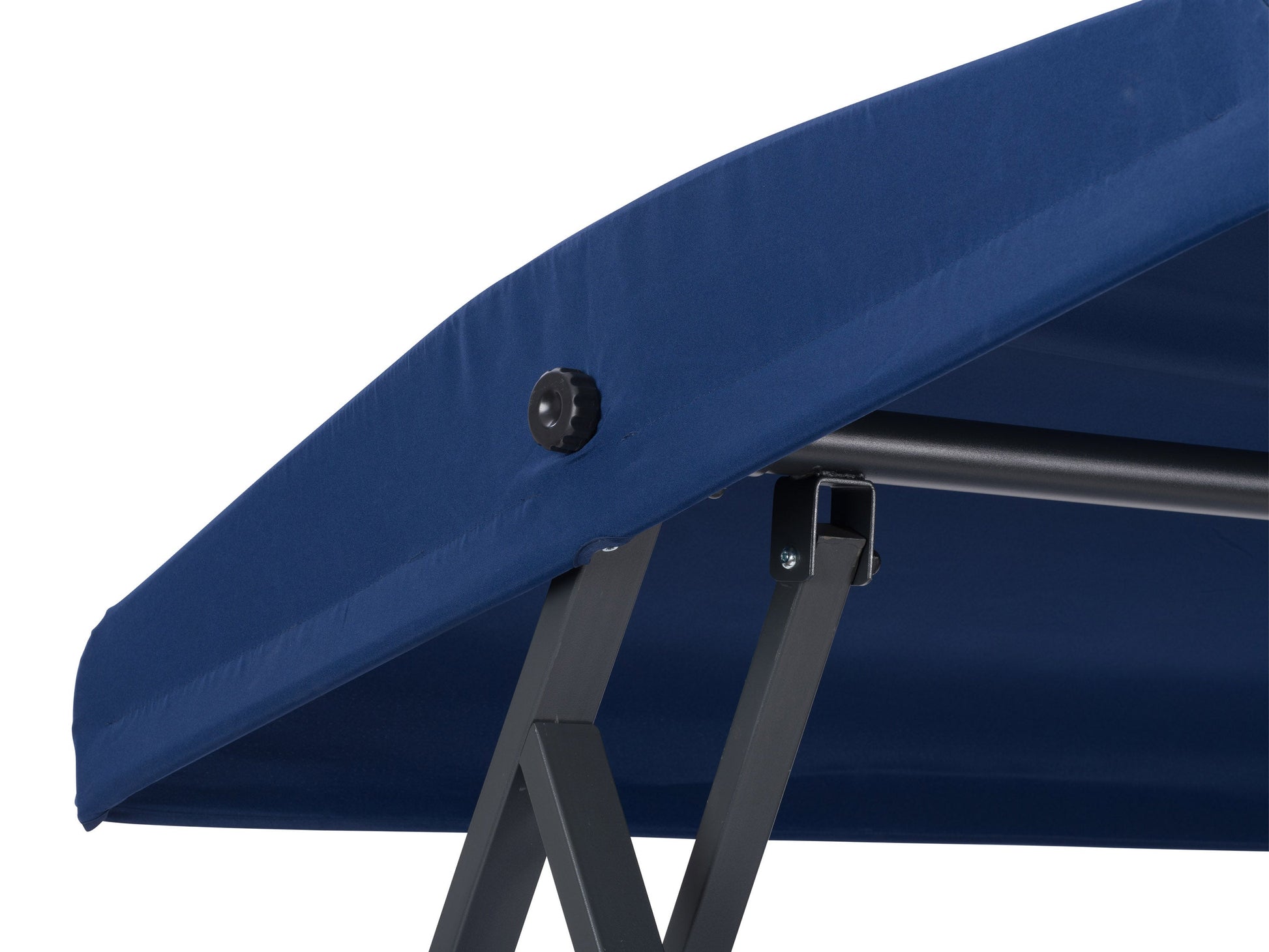 Navy blue patio swing with canopy, cushioned seats, sturdy steel frame, and adjustable sunshade. Ideal for outdoor relaxation and garden decor.