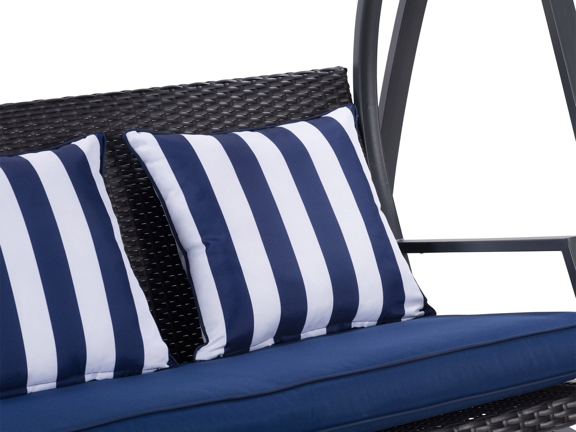 Navy blue patio swing with canopy, cushioned seats, sturdy steel frame, and adjustable sunshade. Ideal for outdoor relaxation and garden decor.