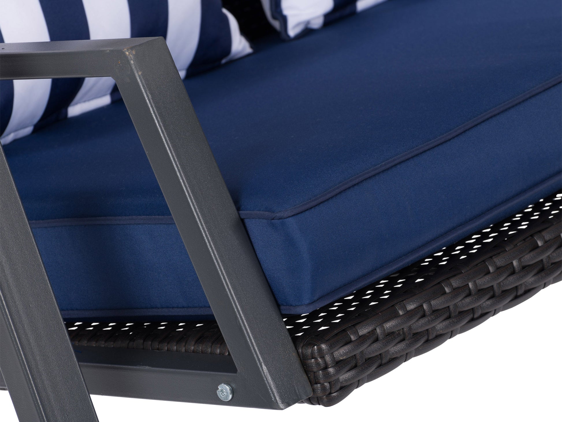Navy blue patio swing with canopy, cushioned seats, sturdy steel frame, and adjustable sunshade. Ideal for outdoor relaxation and garden decor.