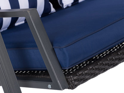 Navy blue patio swing with canopy, cushioned seats, sturdy steel frame, and adjustable sunshade. Ideal for outdoor relaxation and garden decor.
