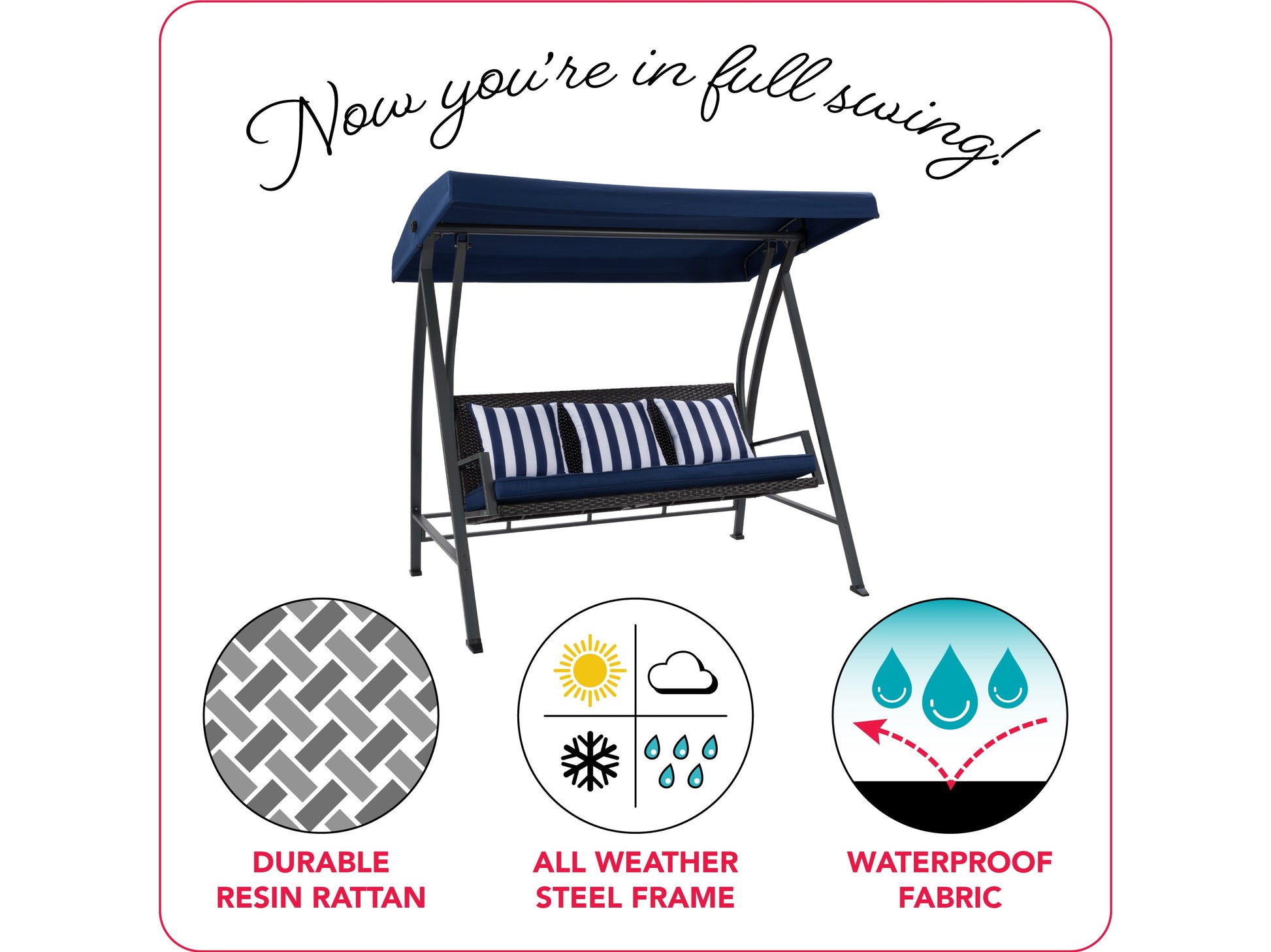 Navy blue patio swing with canopy, cushioned seats, sturdy steel frame, and adjustable sunshade. Ideal for outdoor relaxation and garden decor.