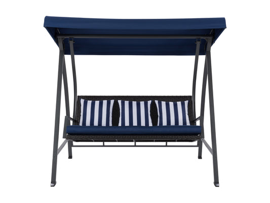 Navy blue patio swing with canopy, cushioned seats, sturdy steel frame, and adjustable sunshade. Ideal for outdoor relaxation and garden decor.