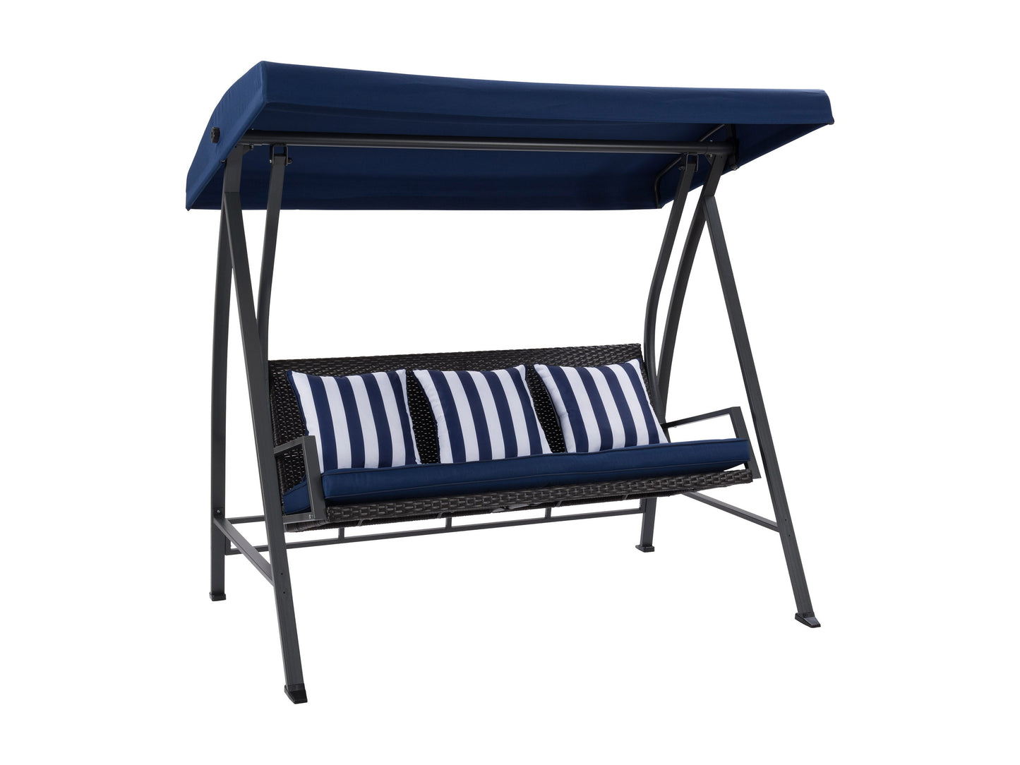Navy blue patio swing with canopy, cushioned seats, sturdy steel frame, and adjustable sunshade. Ideal for outdoor relaxation and garden decor.
