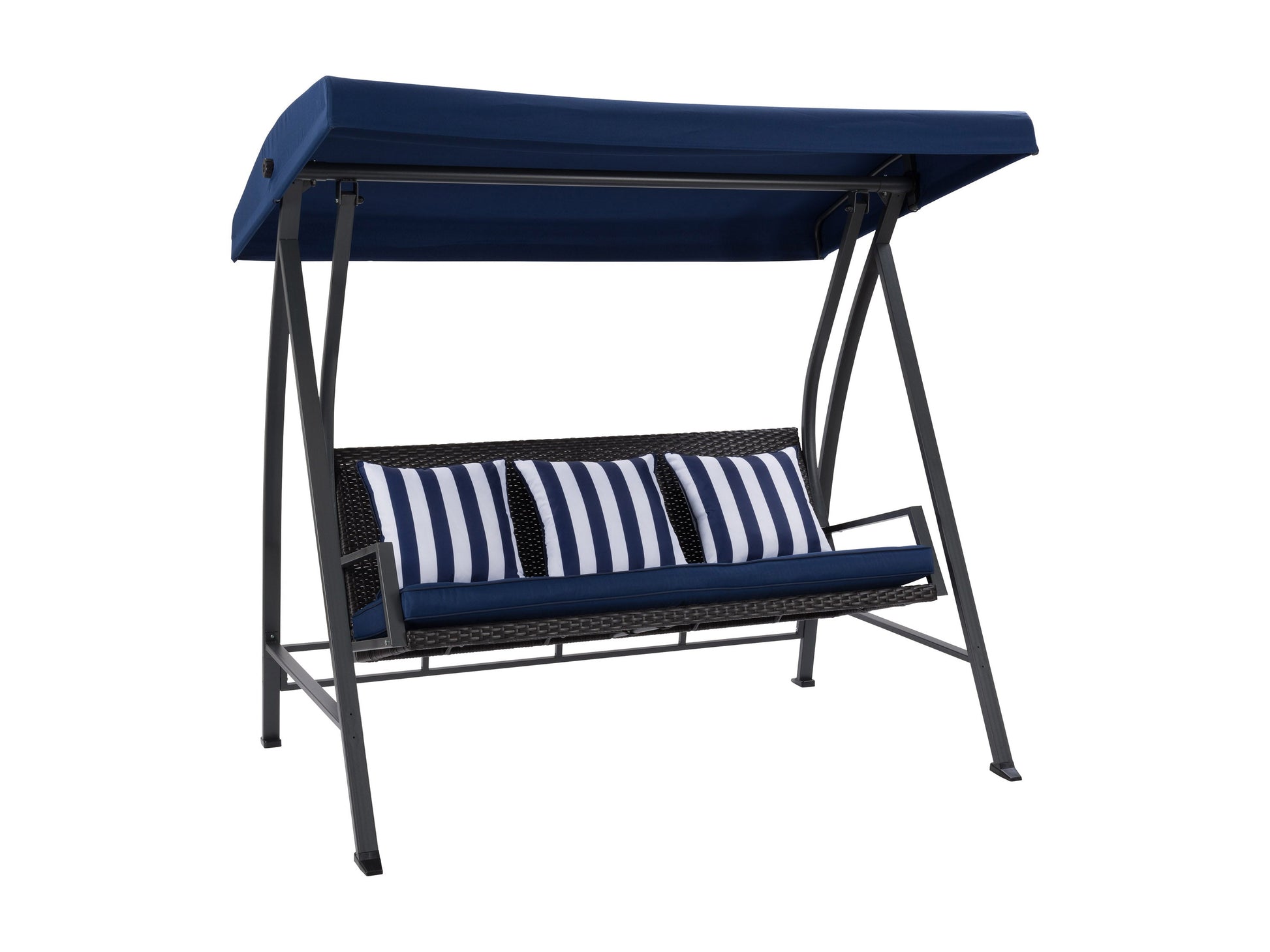 Navy blue patio swing with canopy, cushioned seats, sturdy steel frame, and adjustable sunshade. Ideal for outdoor relaxation and garden decor.