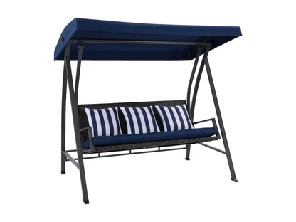 Navy blue patio swing with canopy, cushioned seats, sturdy steel frame, and adjustable sunshade. Ideal for outdoor relaxation and garden decor.