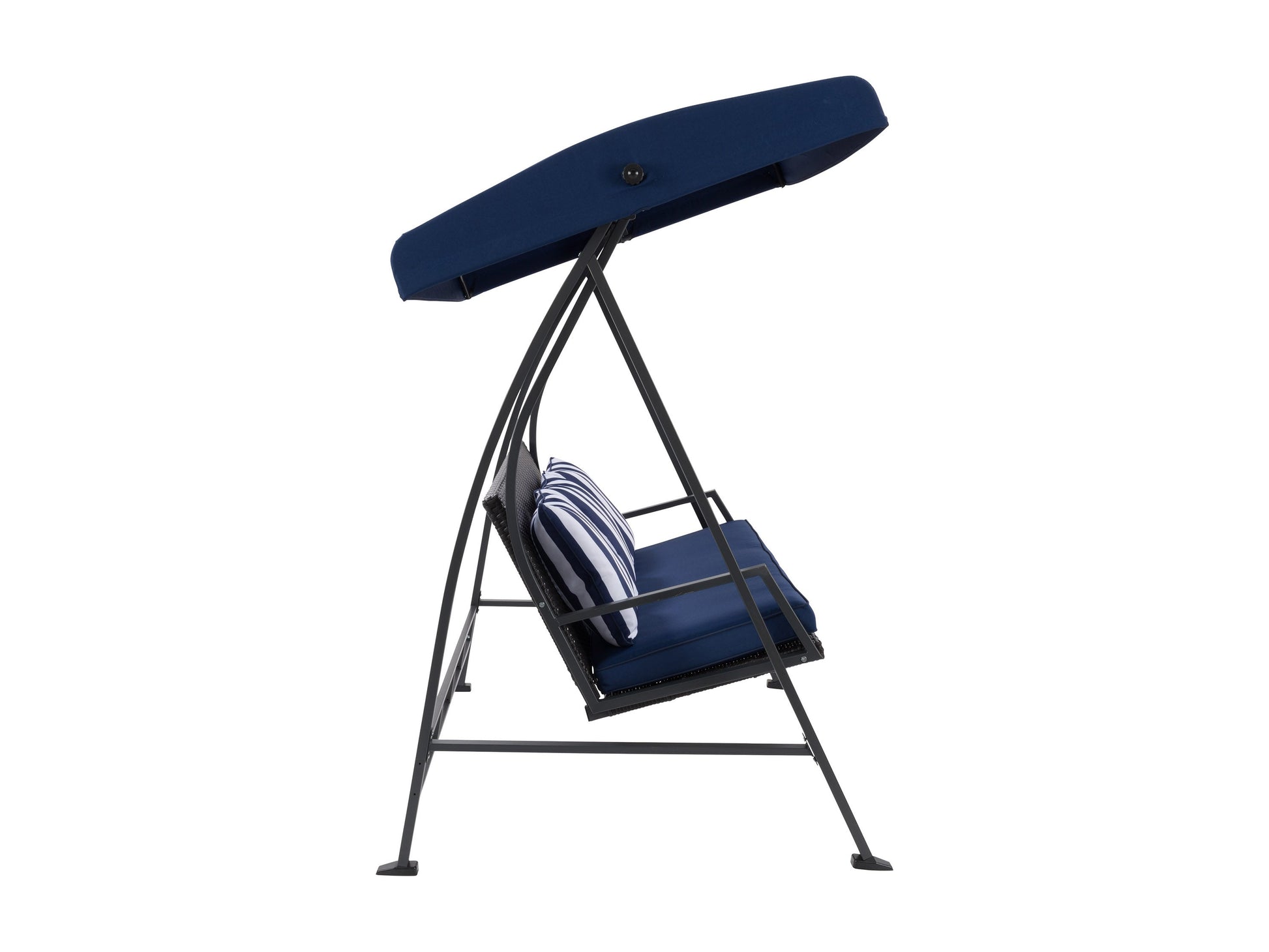 Navy blue patio swing with canopy, cushioned seats, sturdy steel frame, and adjustable sunshade. Ideal for outdoor relaxation and garden decor.