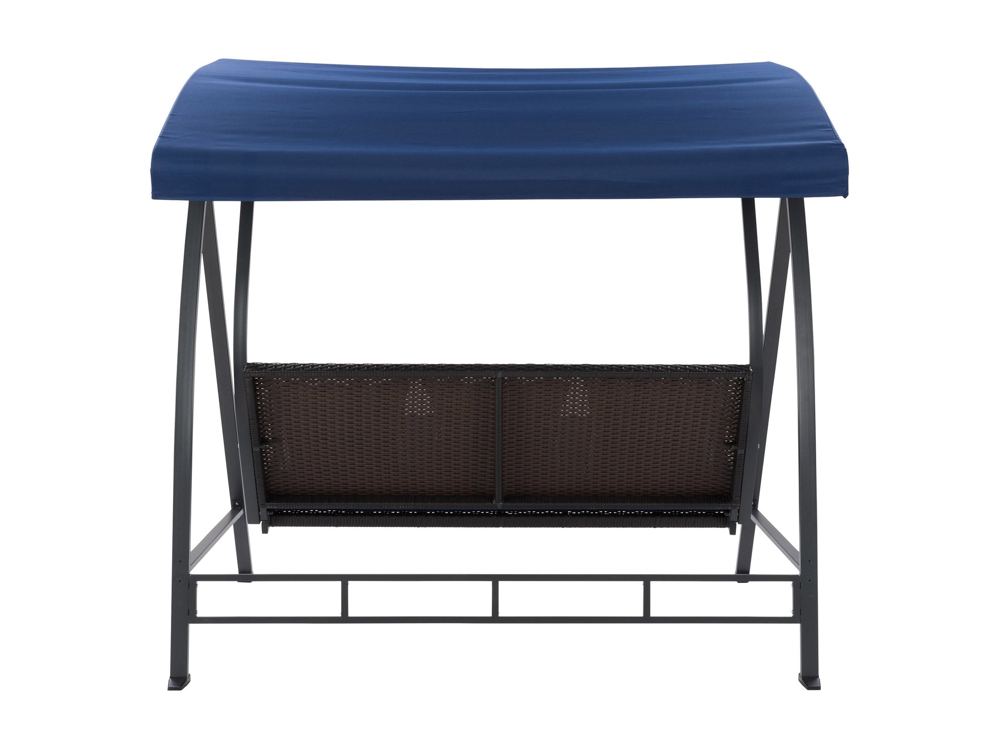 Navy blue patio swing with canopy, cushioned seats, sturdy steel frame, and adjustable sunshade. Ideal for outdoor relaxation and garden decor.