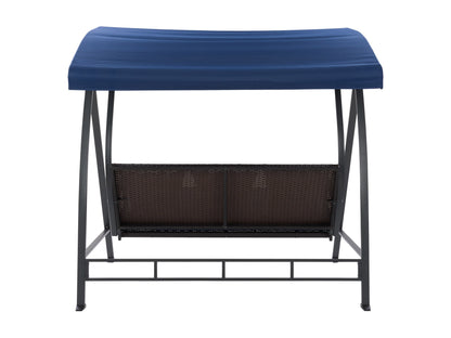 Navy blue patio swing with canopy, cushioned seats, sturdy steel frame, and adjustable sunshade. Ideal for outdoor relaxation and garden decor.