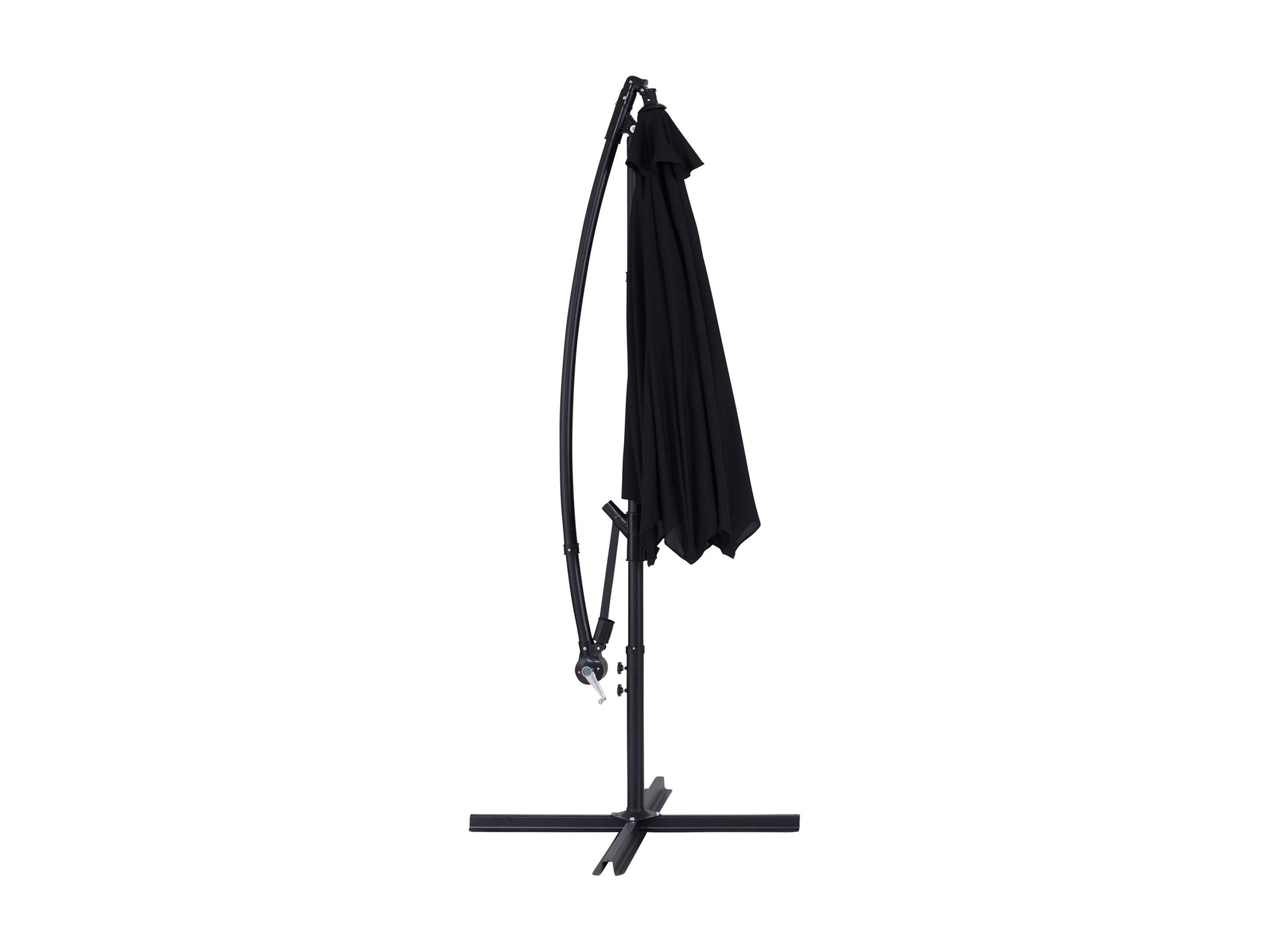Black 9ft cantilever patio umbrella with tilting feature, durable fabric canopy, and sturdy metal frame, ideal for outdoor shade on patios or decks.
